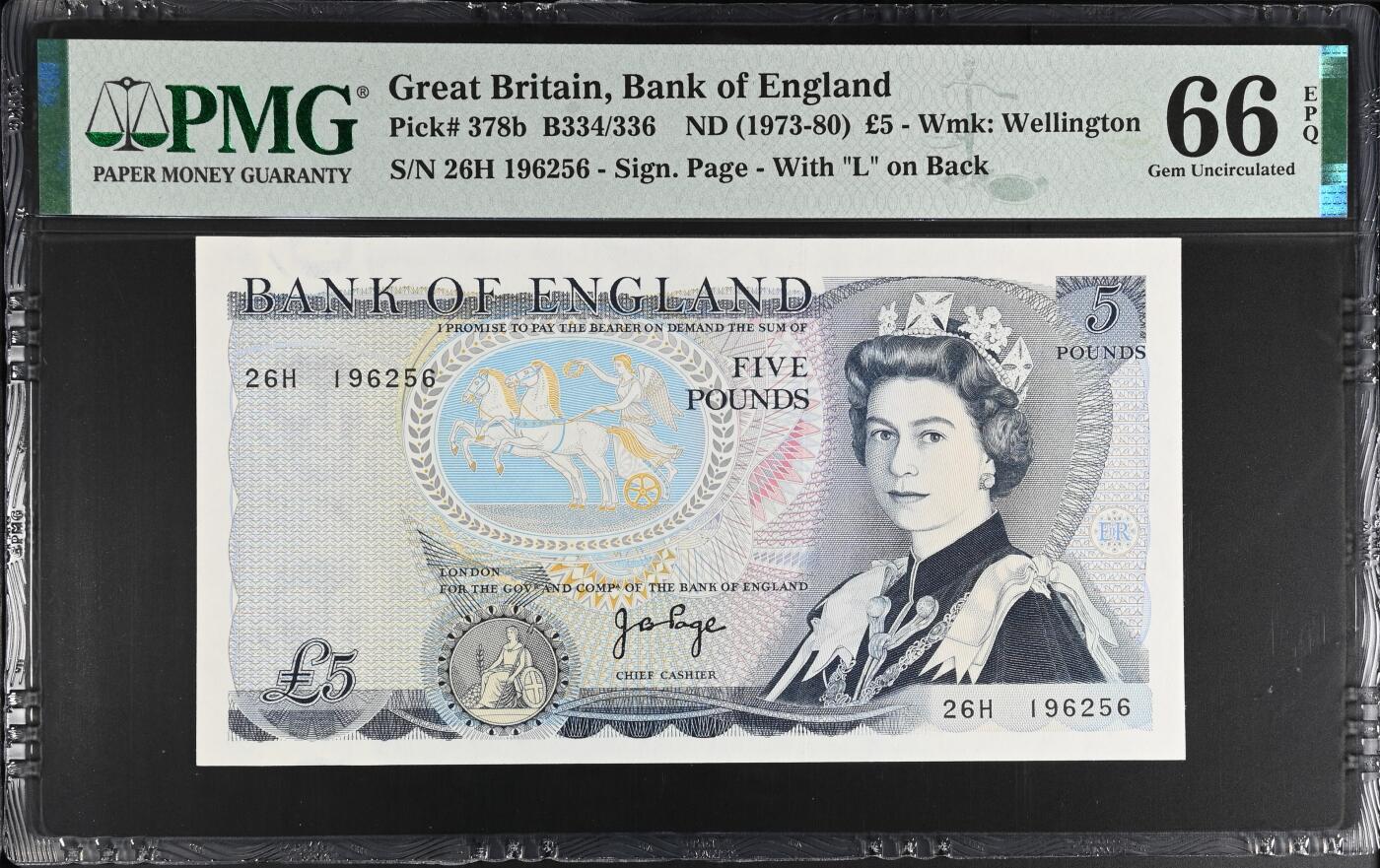 《艾美收藏》第219期-11.9周日外币畅拍场 英国D序列1973-80年5镑PMG66E无347靓号 签名J. B. Page. Pick#378b 惠灵顿公爵