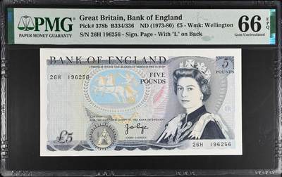 《艾美收藏》第219期-11.9周日外币畅拍场 - 英国D序列1973-80年5镑PMG66E无347靓号 签名J. B. Page. Pick#378b 惠灵顿公爵