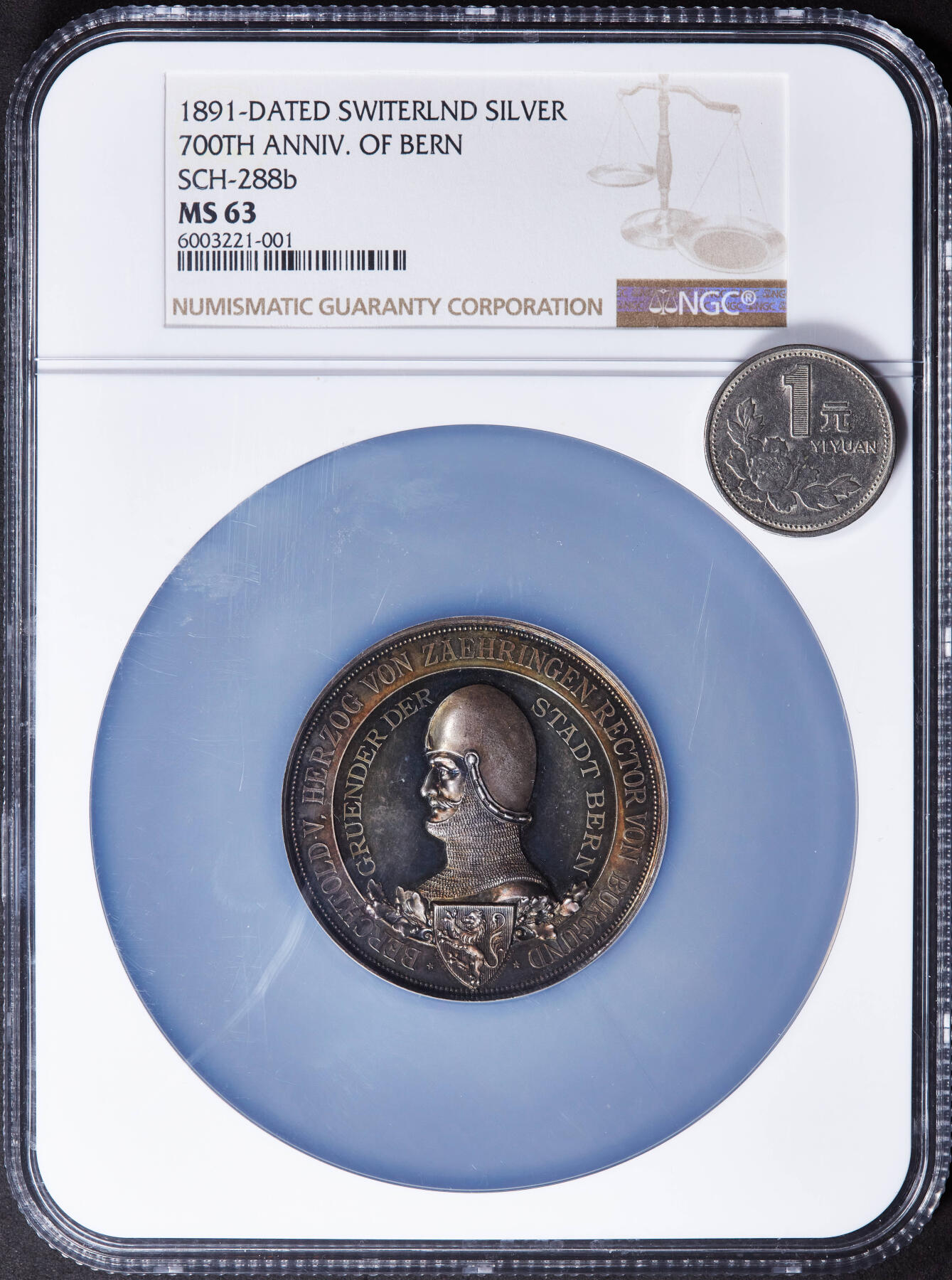 【俄甄集藏】2025年(044)11-12星期三晚 19:30 全场包邮 瑞士1891年纪念伯尔尼建城700周年大型银章，NGC MS63，高浮雕，五彩酱彩老包浆，底板凝霜，名誉品种，味道极佳，直径50mm