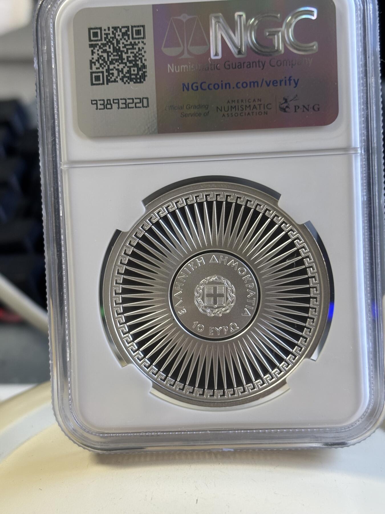 第181期拍卖 希腊2024年文化系列数学家埃拉托斯特尼10欧精制纪念银币NGC PF69原盒证书，34.1克，925银，发行2000枚
