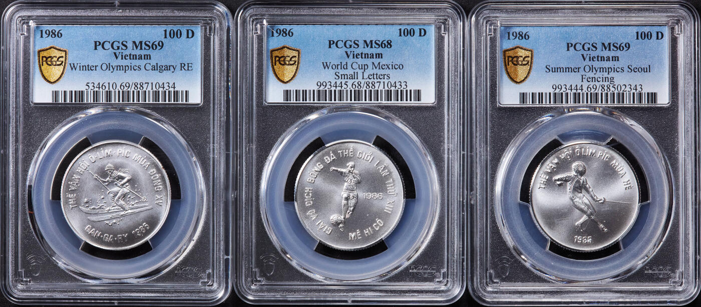【俄甄集藏】2025年(044)11-12星期三晚 19:30 全场包邮 越南1986年纪念冬奥会、足球世界杯、夏季奥运会100盾银币体育银币3枚一套，PCGS MS68-MS69，总重30克，999银，体育题材里的名誉品种