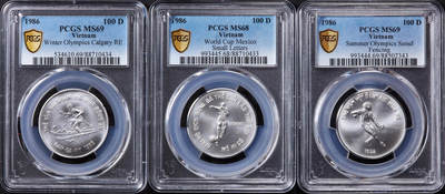【俄甄集藏】2025年(044)11-12星期三晚 19:30 全场包邮 - 越南1986年纪念冬奥会、足球世界杯、夏季奥运会100盾银币体育银币3枚一套，PCGS MS68-MS69，总重30克，999银，体育题材里的名誉品种