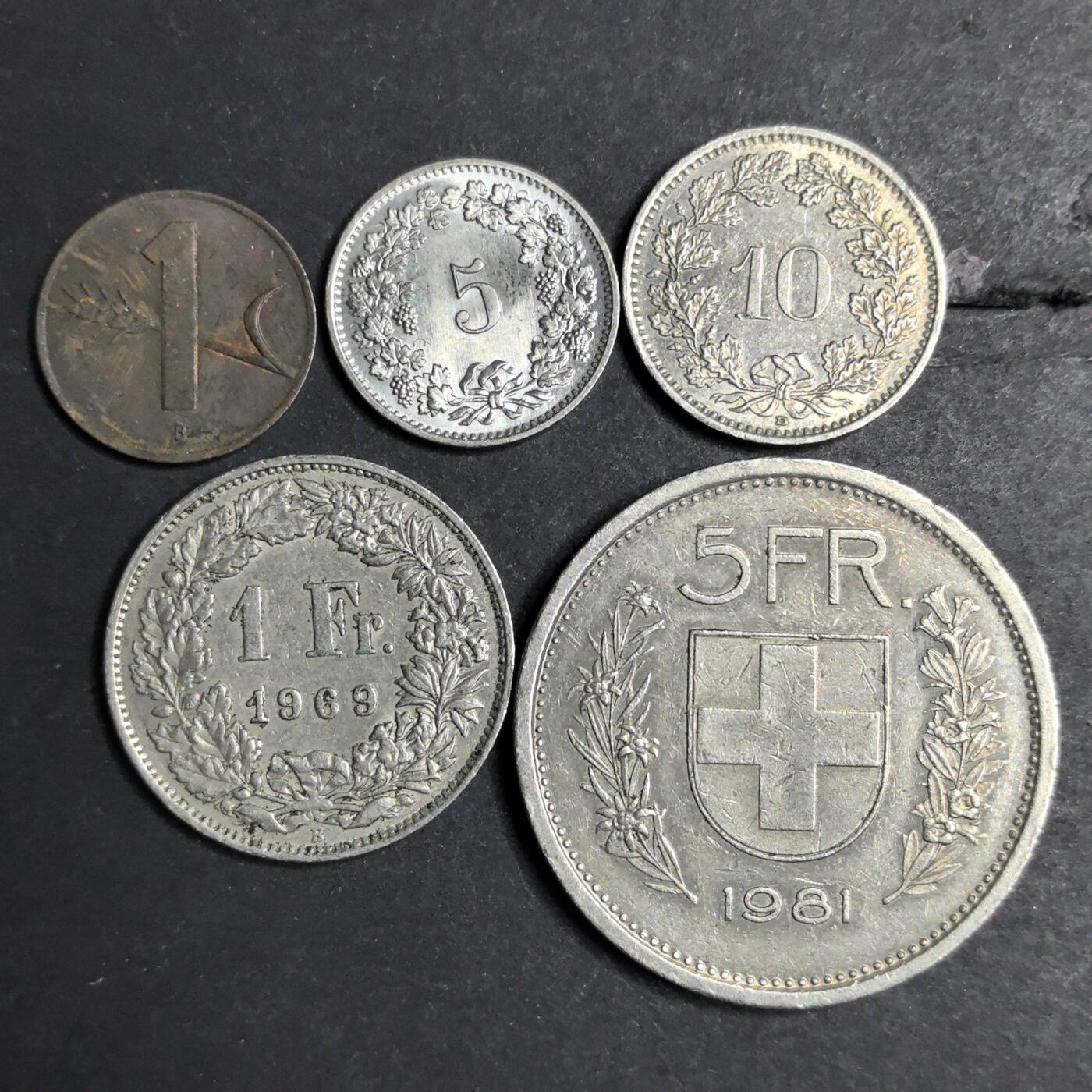 各国硬币第6期 无佣金 瑞士1  5   10法郎5个