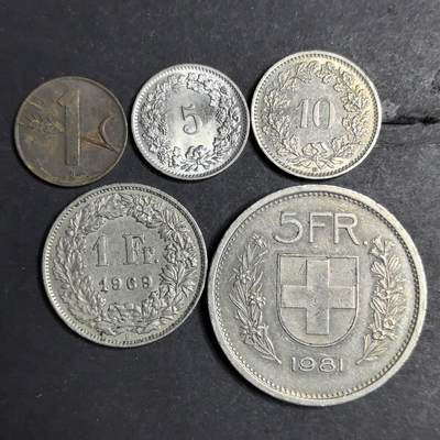 各国硬币第6期 无佣金 - 瑞士1  5   10法郎5个