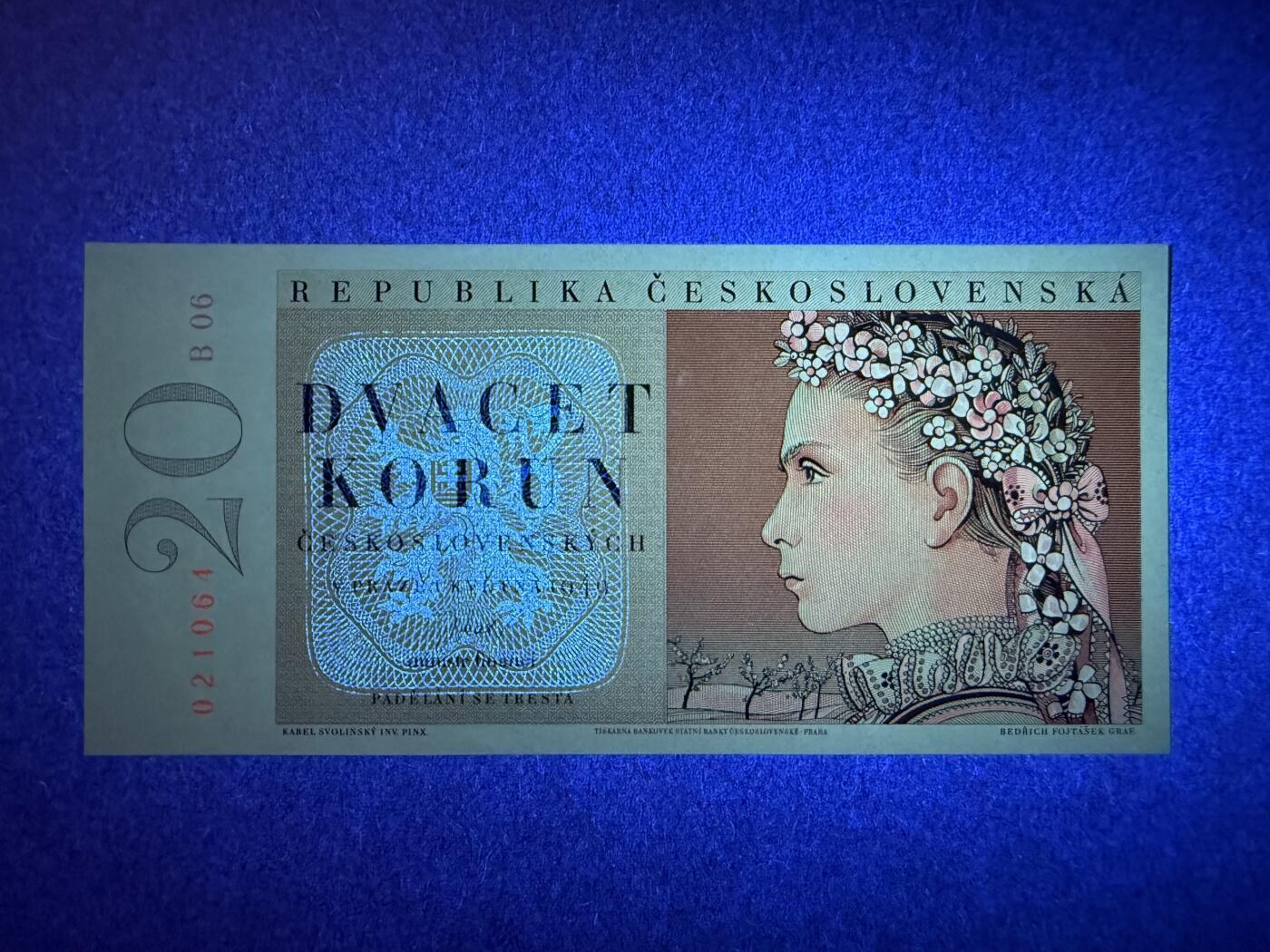 《艾美收藏》第219期-11.9周日外币畅拍场 捷克斯洛伐克20克朗 UNC 1949年 花环少女 无针孔实票