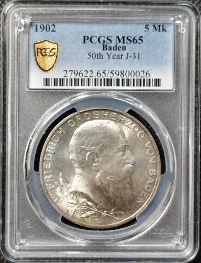 甄臻铺-世界币章拍卖（第38期）立冬小精品场，送拍享返佣金等优惠多多 - PCGS-MS65 德国巴登1902年弗里德里希大公登基50周年5马克银币，顶级高分