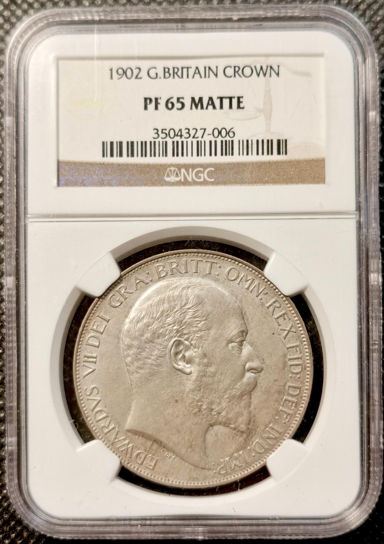 甄臻铺-世界币章拍卖（第38期）立冬小精品场，送拍享返佣金等优惠多多 NGC-PF65MATTE 1902年英国爱德华七世马剑1克朗大银币 精制MATTE 完美原盒状态 爱七克朗达到65的难度和64相比堪称两个世界