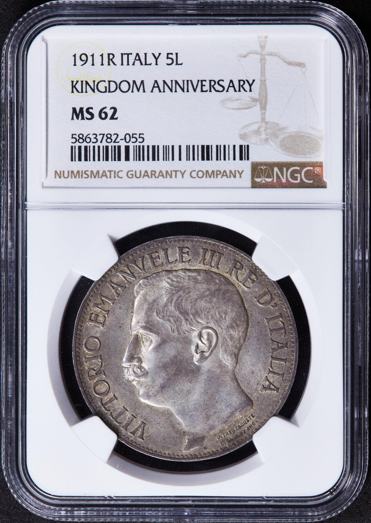 【俄甄集藏】2025年(044)11-12星期三晚 19:30 全场包邮 意大利1911年R版伊曼纽尔三世建国50周年播种5里拉大银币，NGC MS62，黄油酱彩原味包浆，原光品相，名誉品种，设计精美，味道极佳