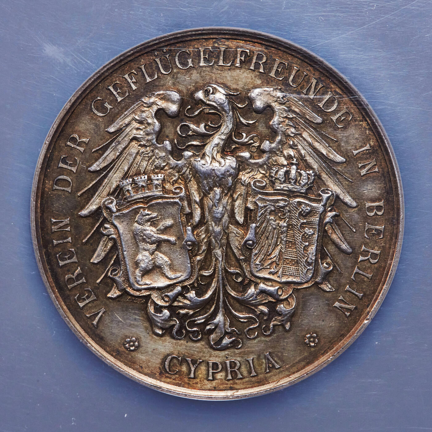 【俄甄集藏】2025年(044)11-12星期三晚 19:30 全场包邮 德国1904年柏林家禽协会荣誉纪念大银章，NGC MS62，黄金五彩老包浆，德国20世纪初农业协会纪念章的代表作品，设计精美，直径50mm