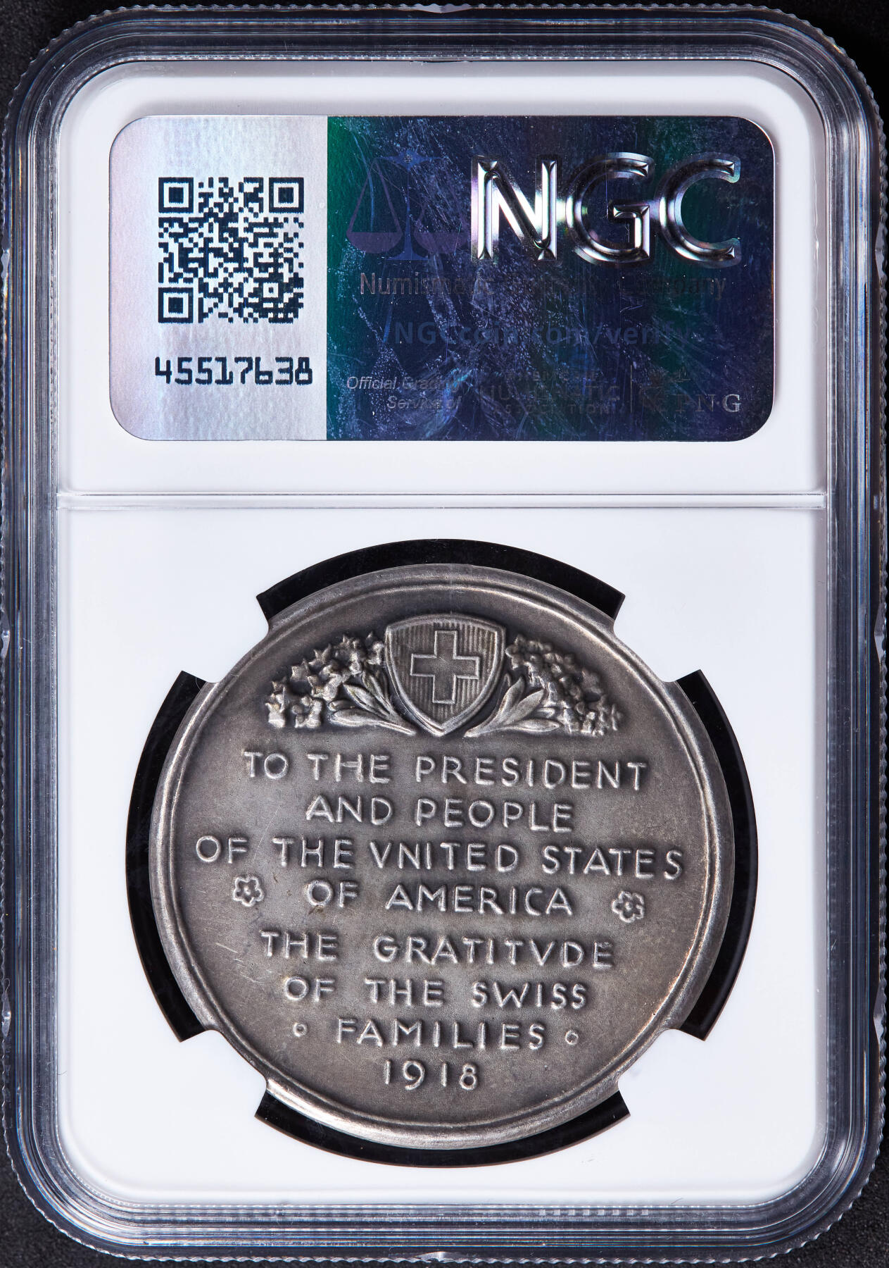 【俄甄集藏】2025年(044)11-12星期三晚 19:30 全场包邮 瑞士1918年感谢美国参战一战协约国胜利银章，NGC MS63，保存完好，原味老包浆，舔狗系列