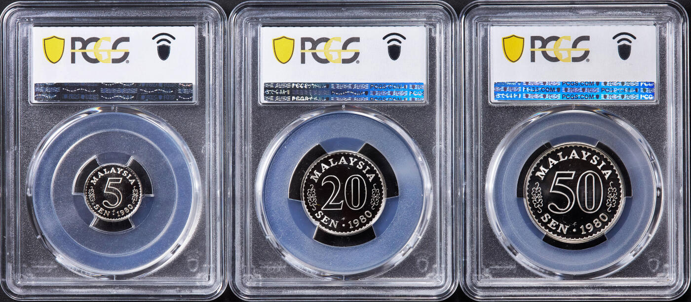 【俄甄集藏】2025年(044)11-12星期三晚 19:30 全场包邮 马来西亚1980年FM版国会大厦精制5分、20分、50分镍币3枚一组，PCGS PR69-70DC，发行量只有6628套