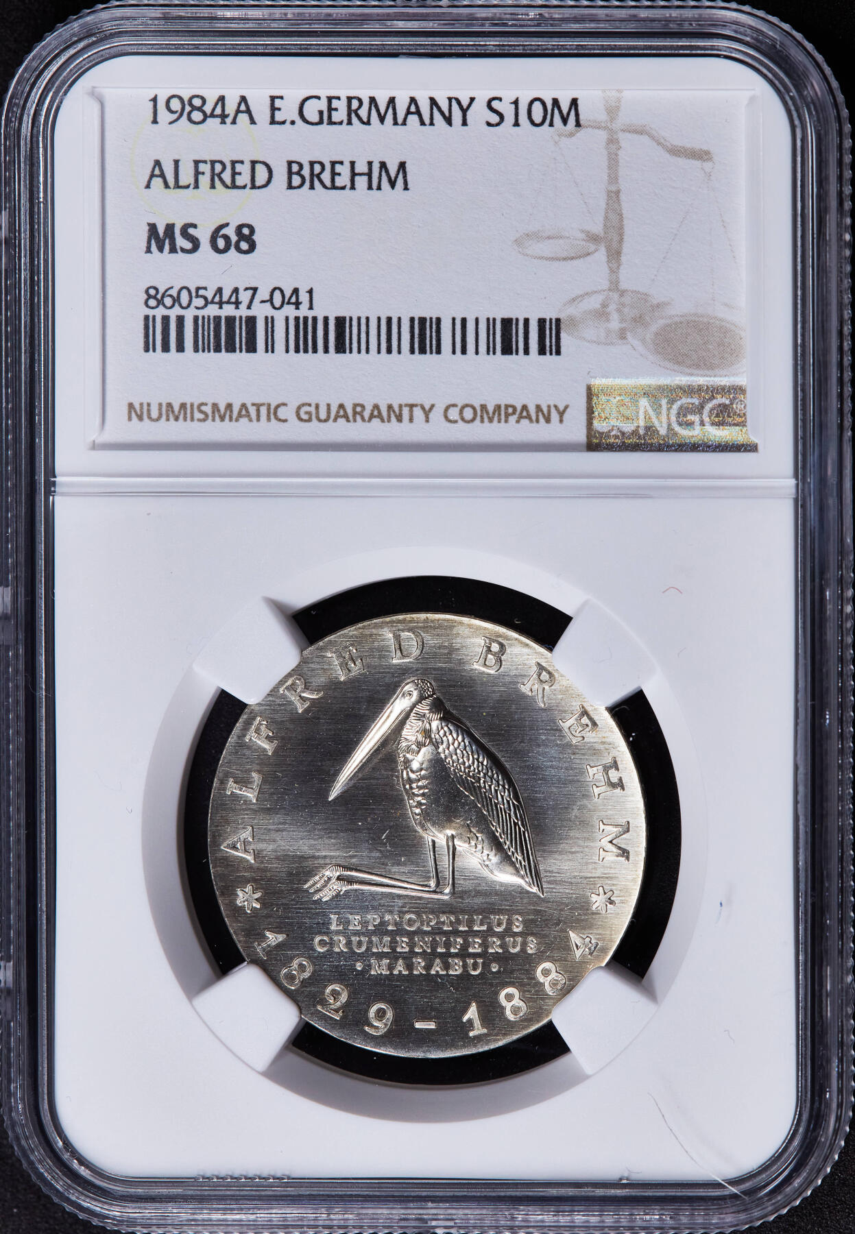 【俄甄集藏】2025年(044)11-12星期三晚 19:30 全场包邮 民主德国（东德）1984年A版非洲秃鹳插画，纪念动物学家、插图画家艾尔弗雷德·布雷姆逝世100周年10马克银币，NGC MS68，亚军，重17克，50%银，发行量50000枚，东德精制币里的名誉品种，少见品种