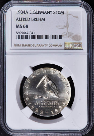 【俄甄集藏】2025年(044)11-12星期三晚 19:30 全场包邮 - 民主德国（东德）1984年A版非洲秃鹳插画，纪念动物学家、插图画家艾尔弗雷德·布雷姆逝世100周年10马克银币，NGC MS68，亚军，重17克，50%银，发行量50000枚，东德精制币里的名誉品种，少见品种