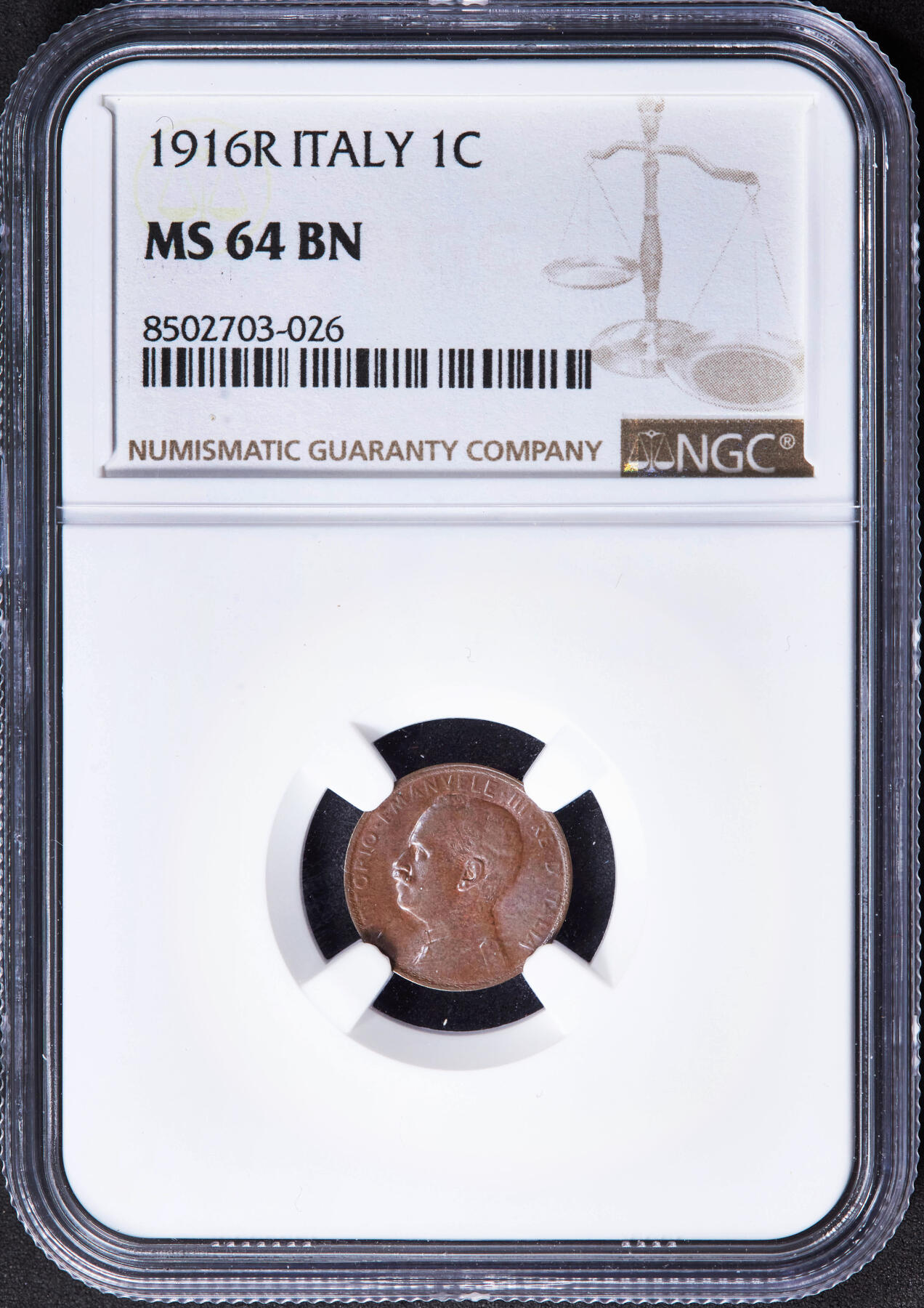 【俄甄集藏】2025年(044)11-12星期三晚 19:30 全场包邮 意大利1916年R版伊曼纽尔三世和平女神1分铜币，NGC MS64，紫罗兰包浆，转光品相