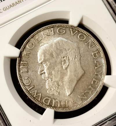 甄臻铺-世界币章拍卖（第38期）立冬小精品场，送拍享返佣金等优惠多多 NGC-MS63 1914年德国巴伐利亚路德维希3马克银币 纸袋包浆