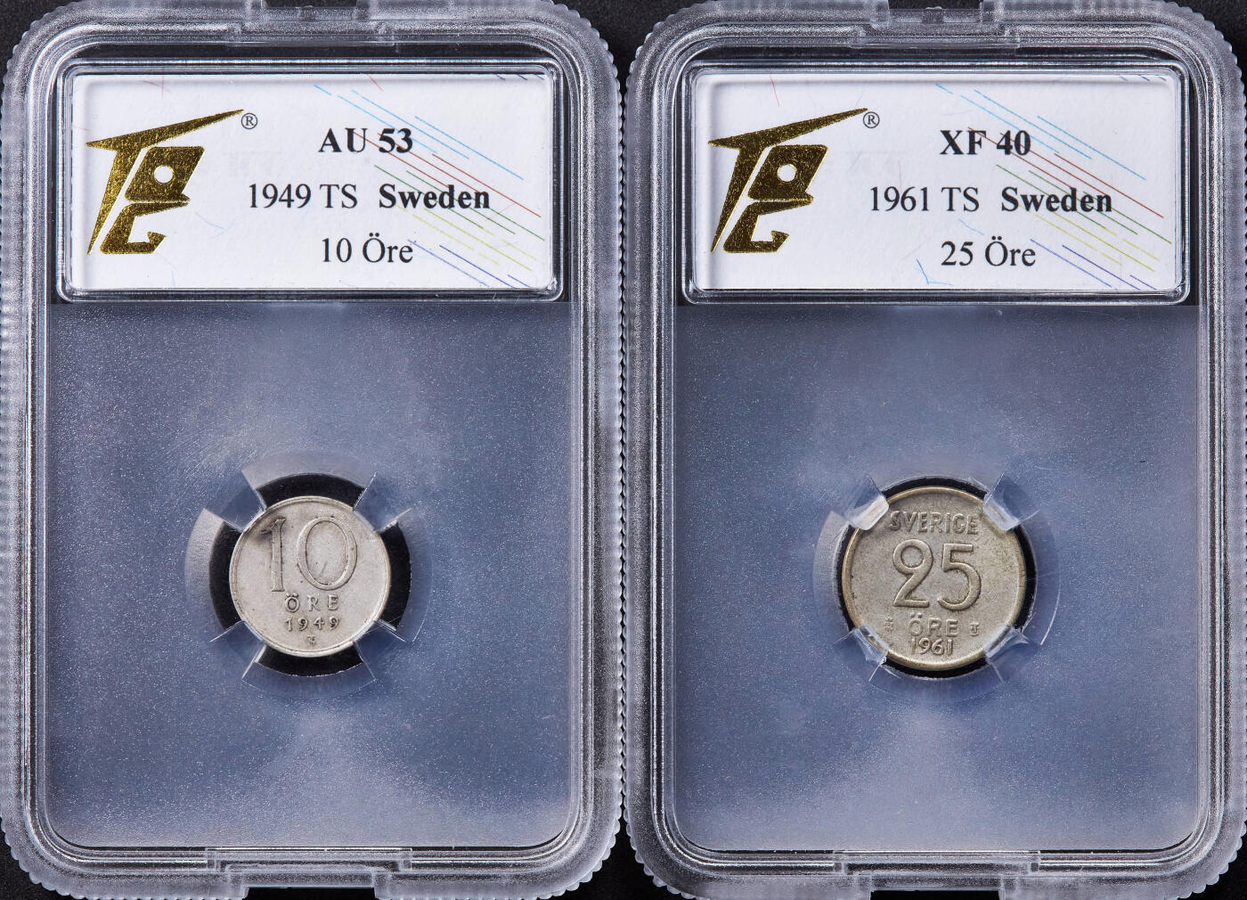 【俄甄集藏】2025年(044)11-12星期三晚 19:30 全场包邮 瑞典1949年10欧尔银币，TQG AU53；瑞典1961年25欧尔银币，TQG XF40，两枚一组