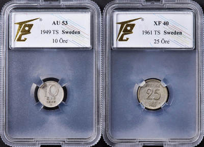 【俄甄集藏】2025年(044)11-12星期三晚 19:30 全场包邮 - 瑞典1949年10欧尔银币，TQG AU53；瑞典1961年25欧尔银币，TQG XF40，两枚一组