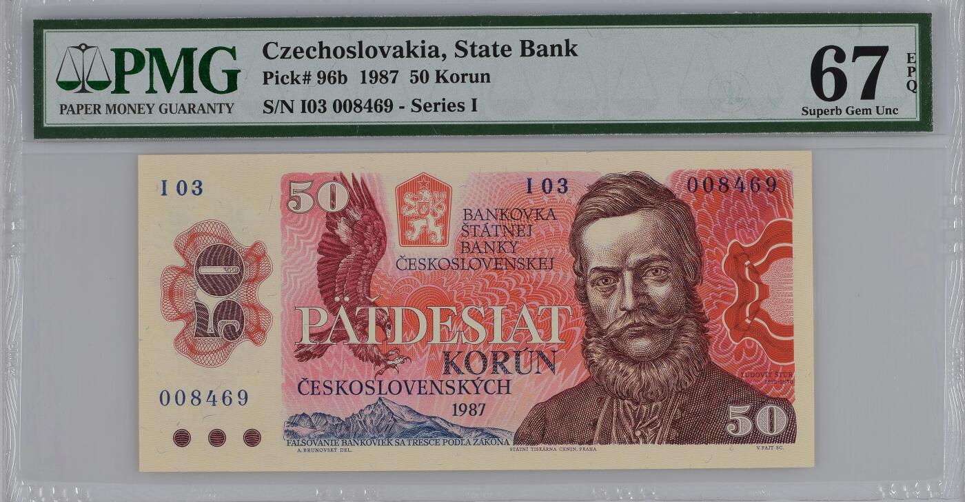 《艾美收藏》第219期-11.9周日外币畅拍场 捷克斯洛伐克1987年50克朗b版I冠PMG67E亚军分千位小号8469，稀缺b版 Pick#96b，冠军68分仅2张