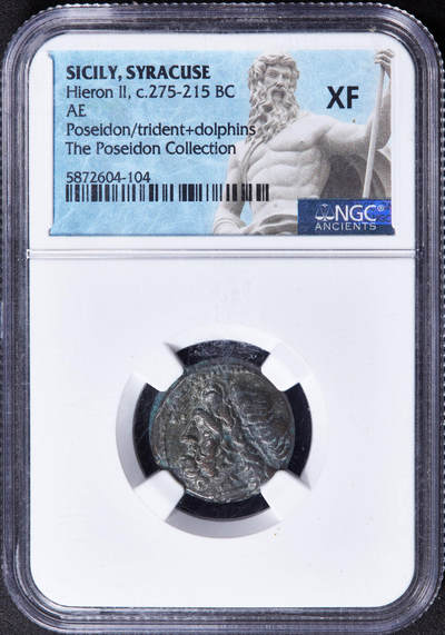 【俄甄集藏】2025年(044)11-12星期三晚 19:30 全场包邮 - 古希腊西西里岛叙拉古公元前275-前216年希伦二世海神波塞冬铜币，NGC XF，出自波塞冬集藏，正面海神波塞冬头像，背面波塞冬的法器三叉戟，两边各有一只海豚，NGC海神特殊标签