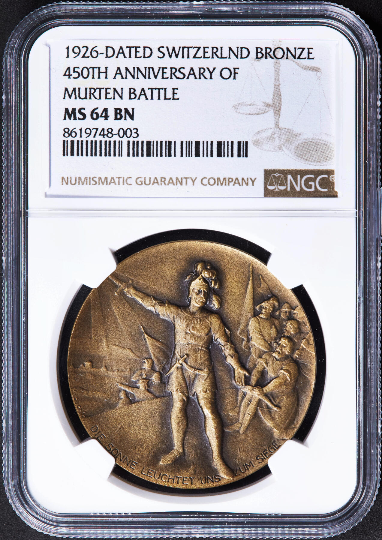 【俄甄集藏】2025年(044)11-12星期三晚 19:30 全场包邮 瑞士1926年纪念独立战争穆尔滕战役胜利450周年铜章，NGC MS64，章牌描述瑞士联军击败勃艮第公爵“大胆查理”军队，巩固独立地位，稀少品种