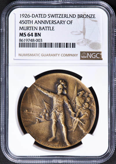 【俄甄集藏】2025年(044)11-12星期三晚 19:30 全场包邮 - 瑞士1926年纪念独立战争穆尔滕战役胜利450周年铜章，NGC MS64，章牌描述瑞士联军击败勃艮第公爵“大胆查理”军队，巩固独立地位，稀少品种