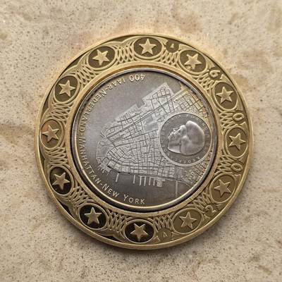 道一币馆币章第一百五十五场 - 镀金金属护垫 荷兰2009年荷兰人移民纽约曼哈顿400年5元纪念银币 15.5g 925s 20000