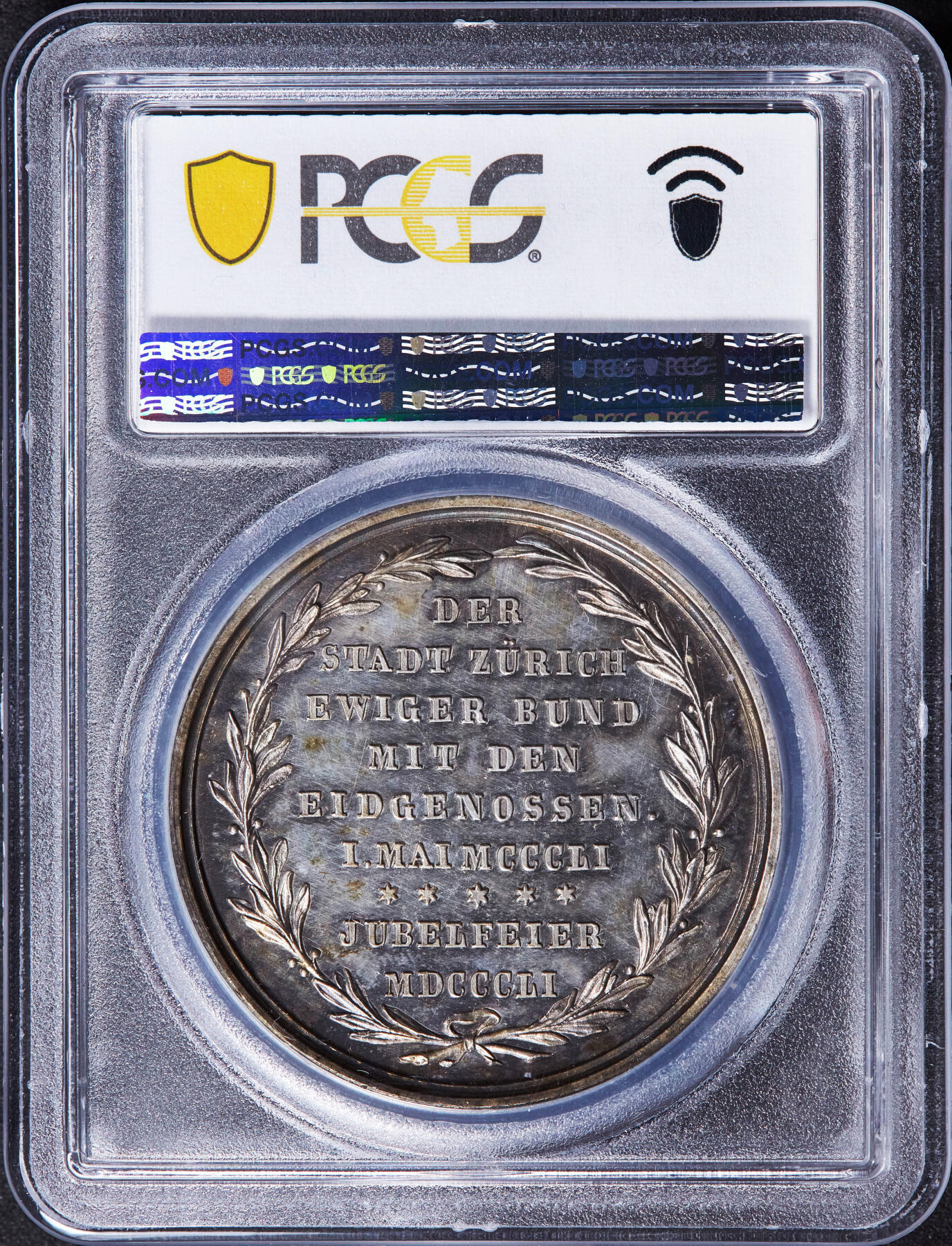 【俄甄集藏】2025年(044)11-12星期三晚 19:30 全场包邮 瑞士苏黎世1851年纪念瑞士联邦成立500周年大银章，PCGS SP62，类精制底板，酱彩老包浆，名誉品种