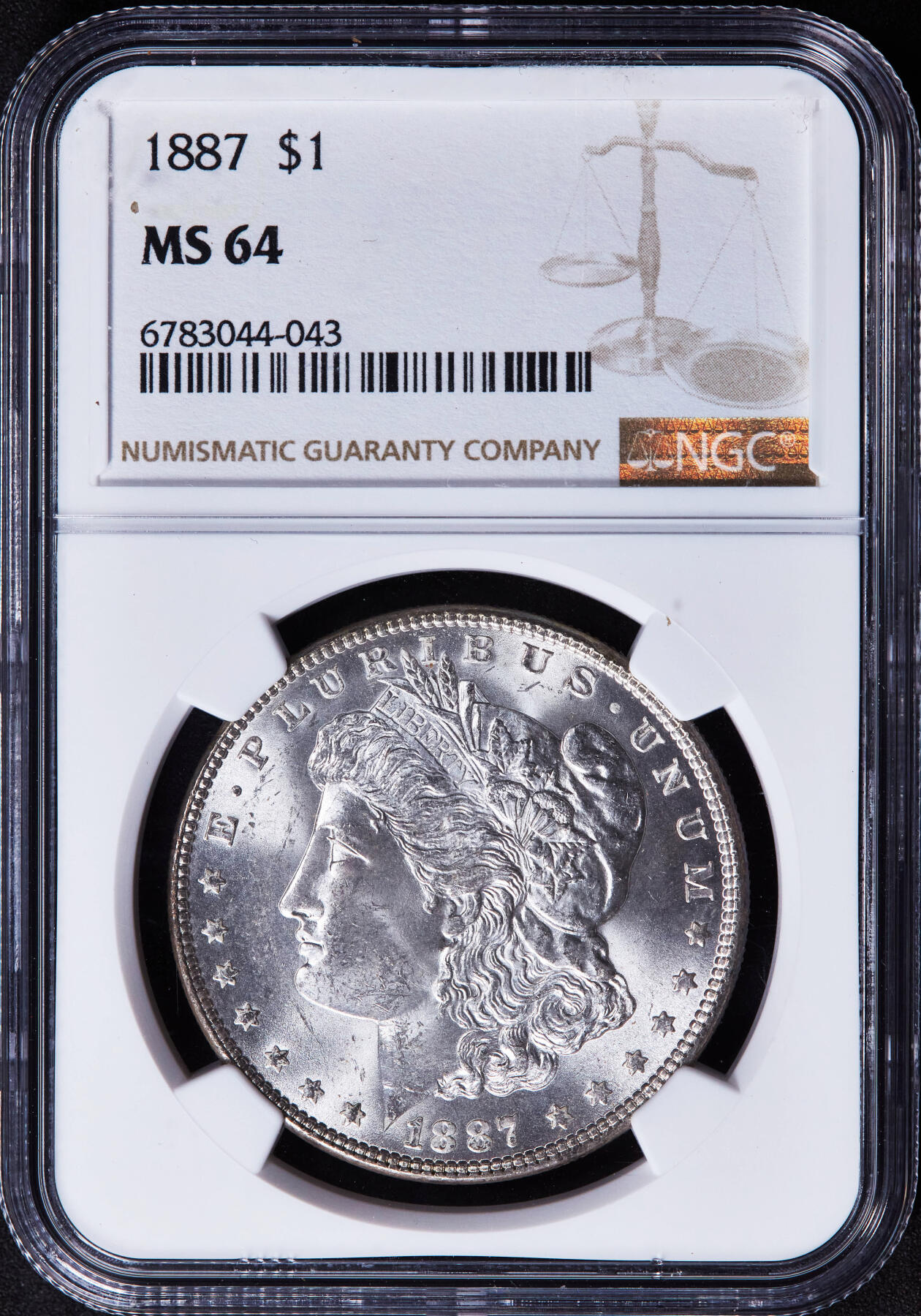 【俄甄集藏】2025年(044)11-12星期三晚 19:30 全场包邮 美国1887年摩根1美元大银币，NGC MS64，车轮转光