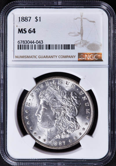 【俄甄集藏】2025年(044)11-12星期三晚 19:30 全场包邮 - 美国1887年摩根1美元大银币，NGC MS64，车轮转光