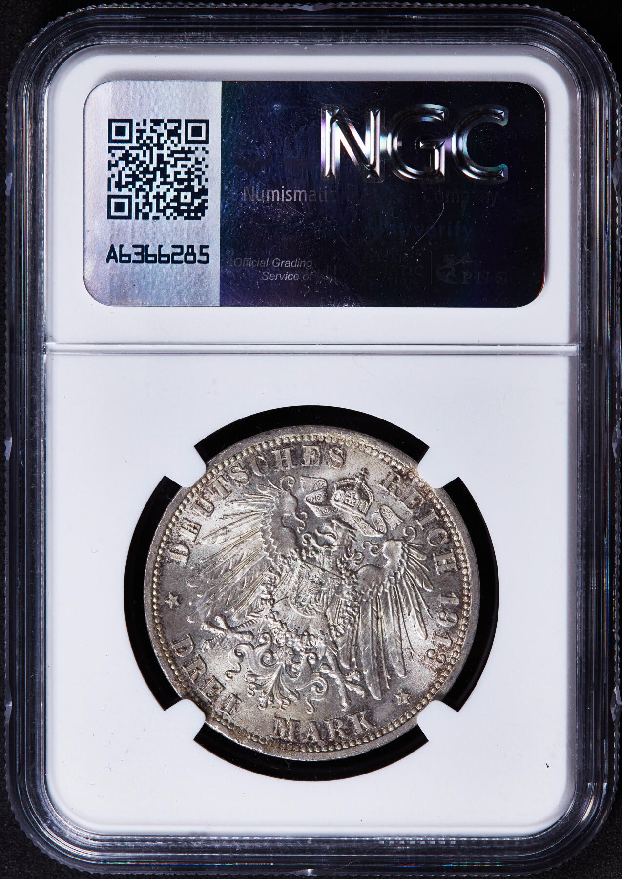 【俄甄集藏】2025年(044)11-12星期三晚 19:30 全场包邮 德国普鲁士1913年A版威廉二世军装3马克银币，NGC MS64，黄油彩包浆，十字转光品相，状态养眼