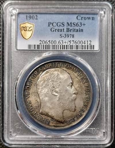 甄臻铺-世界币章拍卖（第38期）立冬小精品场，送拍享返佣金等优惠多多 PCGS-MS63+ 1902年英国爱德华七世马剑克朗大银币 普制爱七马剑的顶级状态 打制的基本没有缺点 非常难得的状态 没有常见的细节弱打 英系大佬oct出品