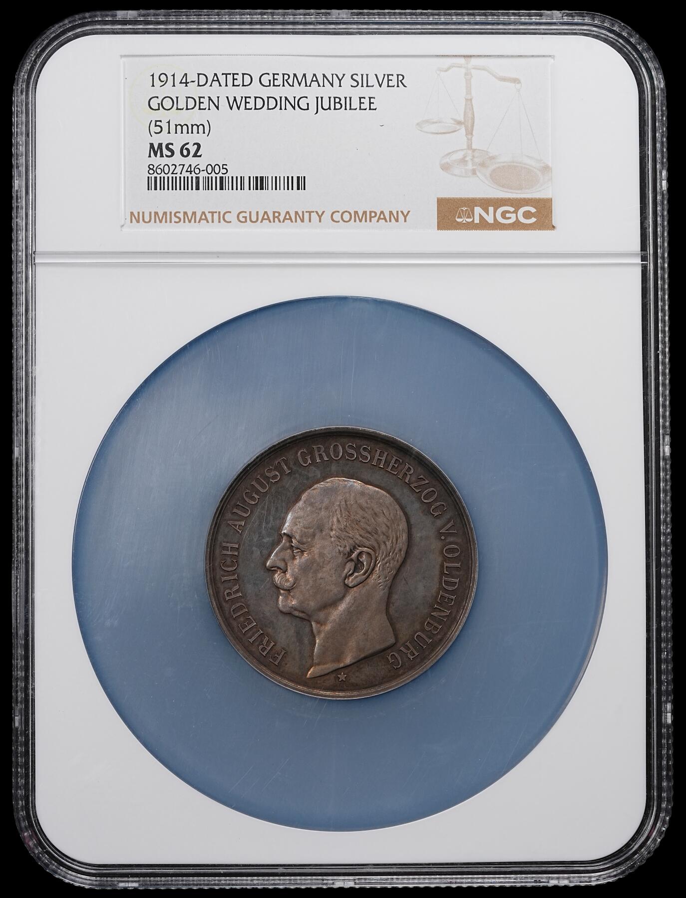 修遠堂世界钱币第九十二期 NGC MS62 1914年奥尔登堡大公弗里德里希·奥古斯特金婚纪念大银章