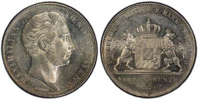 甄臻铺-世界币章拍卖（第38期）立冬小精品场，送拍享返佣金等优惠多多 - PCGS MS61 1856年德国巴伐利亚马克西米利安二世双狮盾徽流通2泰勒 十字转光底板状态异常舒适