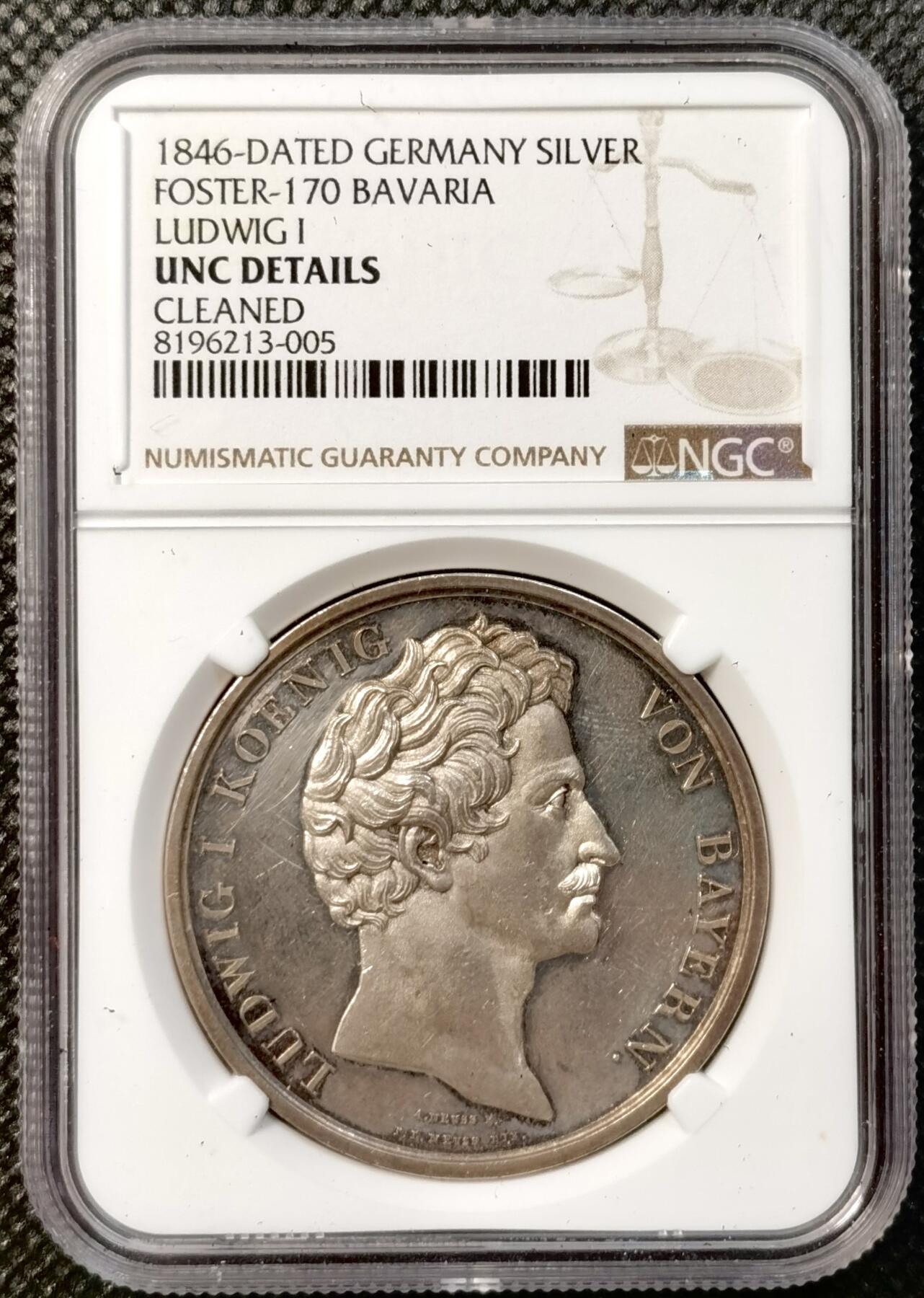 甄臻铺-世界币章拍卖（第38期）立冬小精品场，送拍享返佣金等优惠多多 NGC-UNCD 1846年德国巴伐利亚路德维希一世在奥格斯堡训练营月饼纪念银章，高浮雕极美，细节如“核舟记”一样细节