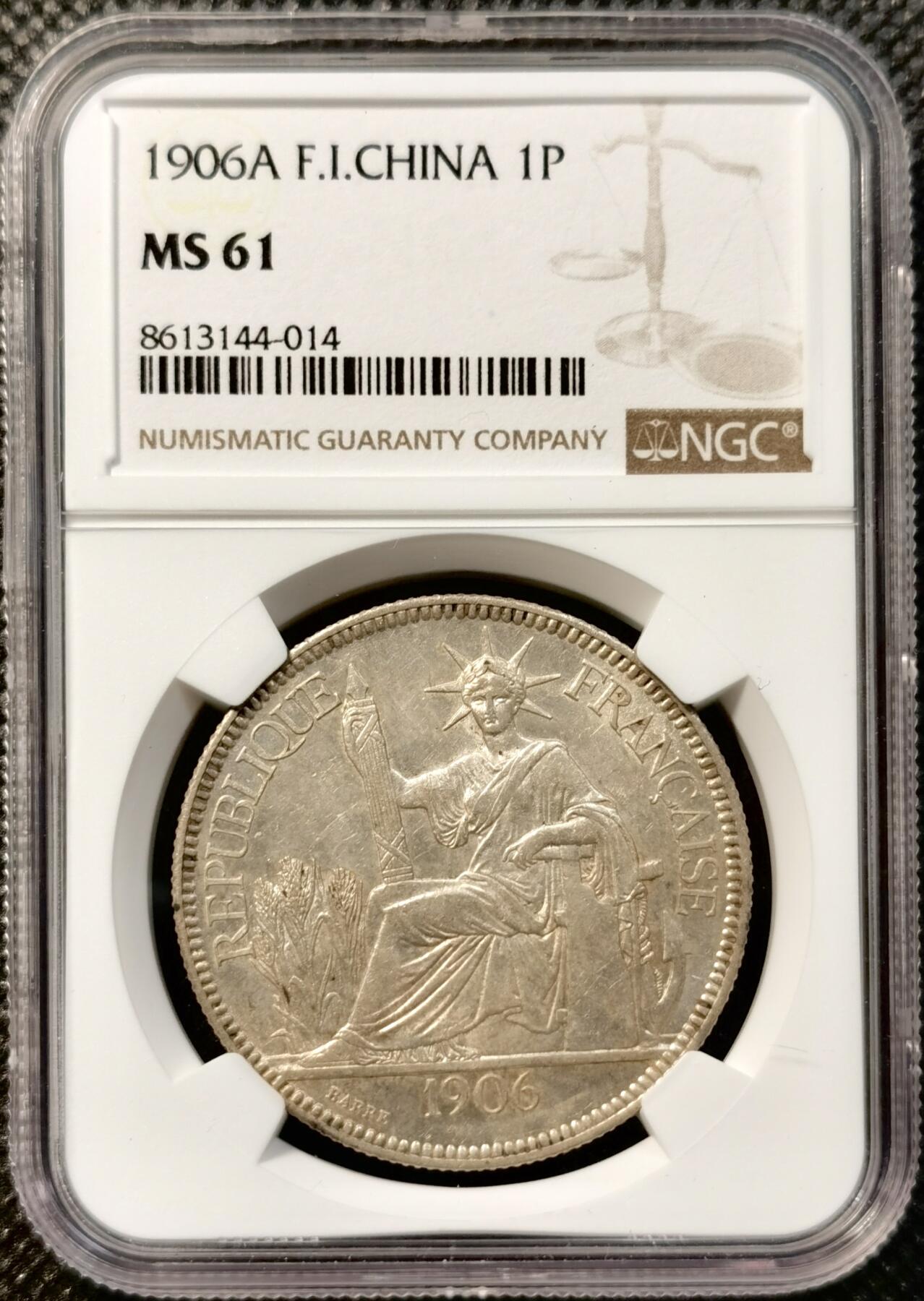 甄臻铺-世界币章拍卖（第38期）立冬小精品场，送拍享返佣金等优惠多多 NGC-MS61 1906年法属印度支那座洋，小特年，转光漂亮