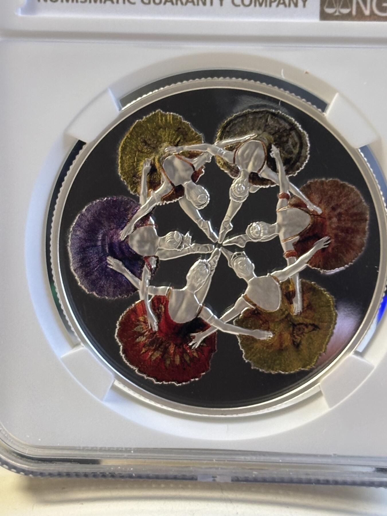 第181期拍卖  加拿大2014年温拿芭蕾舞团75周年20元精制彩色银币 NGC -PF69带原盒及证书,9999银，31.6克