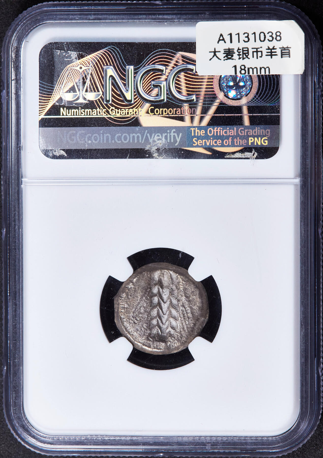 【俄甄集藏】2025年(044)11-12星期三晚 19:30 全场包邮 古希腊卢卡尼亚梅塔蓬城公元前470-前440年1斯塔特大麦公羊首穗银币，NGC ChVF，正面一株大麦穗，左侧币文为地名梅塔蓬城，右侧羊首，背面内凹大麦穗图案，打制周正，经典品种