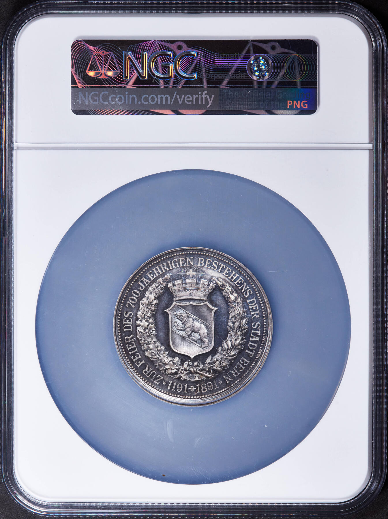 【俄甄集藏】2025年(044)11-12星期三晚 19:30 全场包邮 瑞士1891年纪念伯尔尼建城700周年大型银章，NGC MS63，高浮雕，五彩酱彩老包浆，底板凝霜，名誉品种，味道极佳，直径50mm