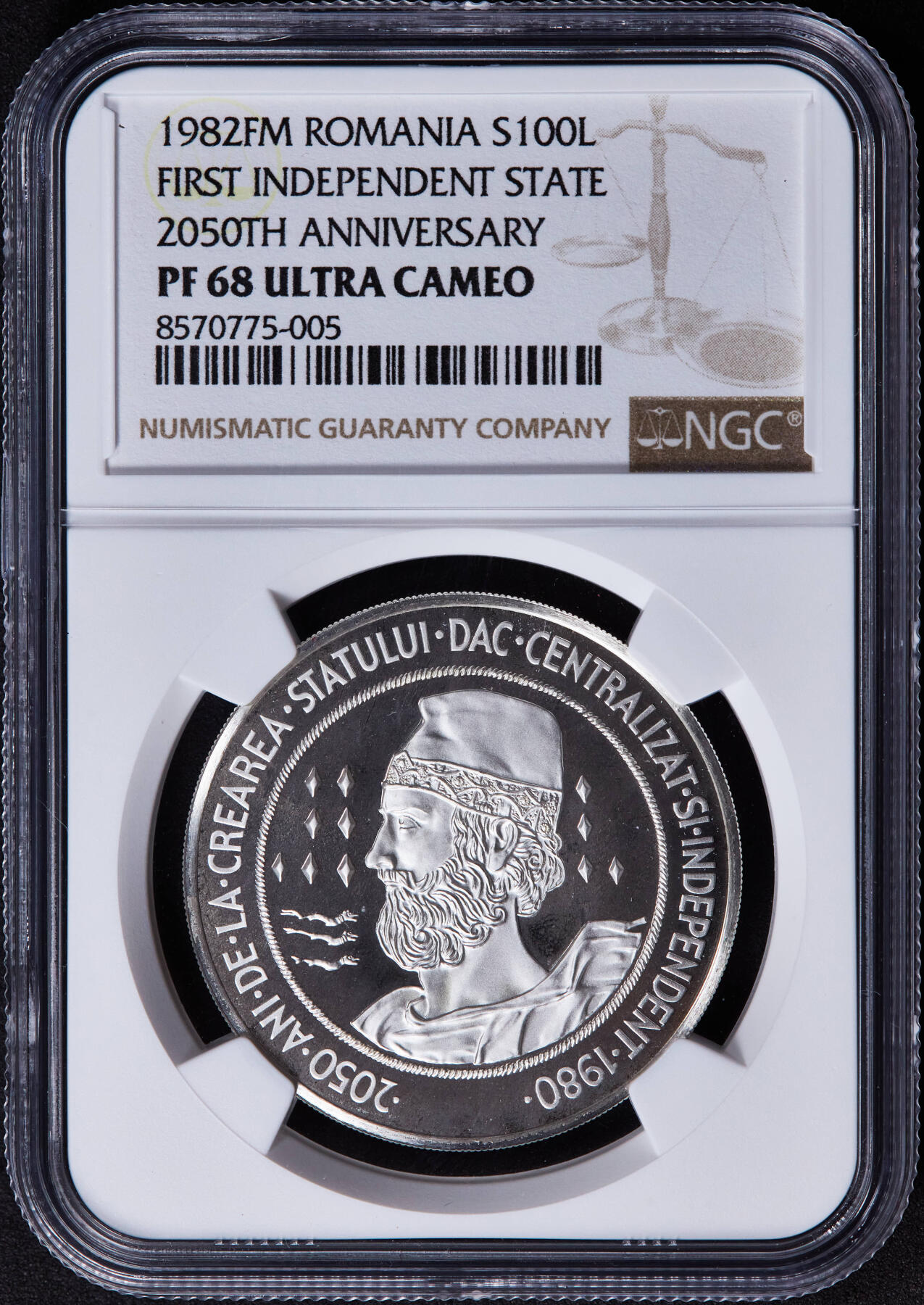【俄甄集藏】2025年(044)11-12星期三晚 19:30 全场包邮 罗马尼亚1982年纪念达基亚人建立独立国家2050周年100列伊精制大银币，NGC PF68UC，重30克，92.5%银，发行量仅有928枚，十分稀有的品种，罗马尼亚现代银币总筋品种