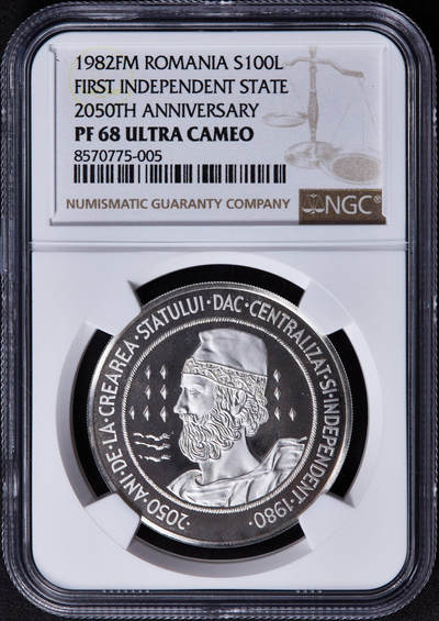 【俄甄集藏】2025年(044)11-12星期三晚 19:30 全场包邮 - 罗马尼亚1982年纪念达基亚人建立独立国家2050周年100列伊精制大银币，NGC PF68UC，重30克，92.5%银，发行量仅有928枚，十分稀有的品种，罗马尼亚现代银币总筋品种