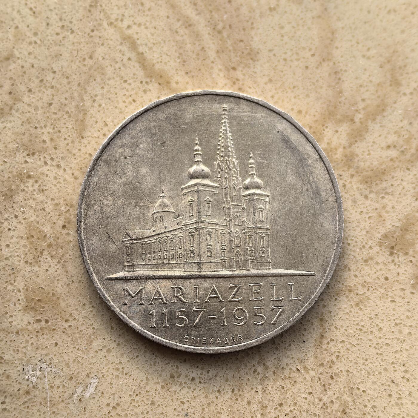 道一币馆币章第一百五十五场 奥地利1957年玛丽亚泽尔大教堂落成800周年25先令纪念银币