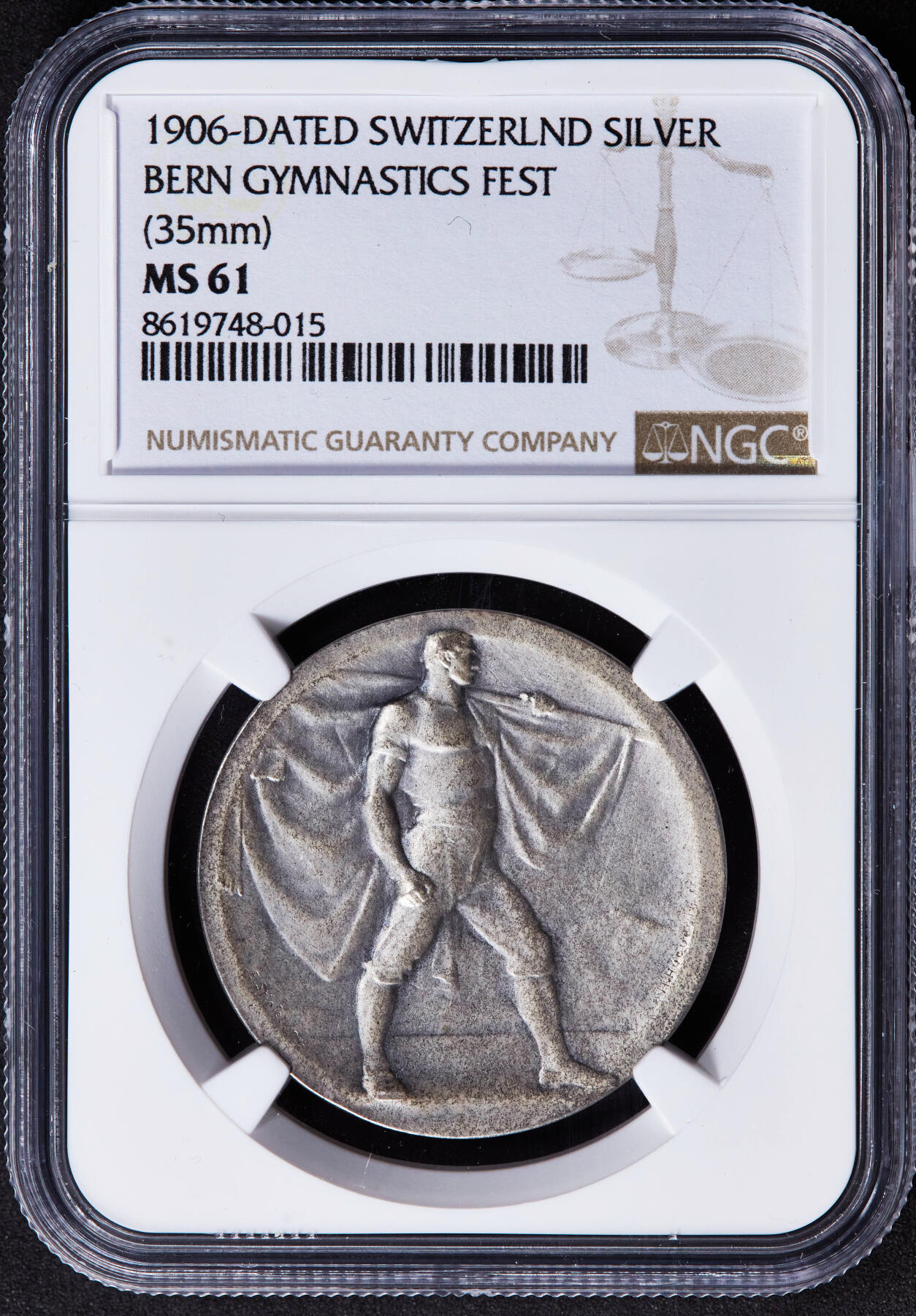 【俄甄集藏】2025年(044)11-12星期三晚 19:30 全场包邮 瑞士1906年纪念伯尔尼联邦体操节银章，NGC MS61，磨砂底板，原味包浆