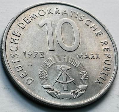 文馨钱币收藏第 279 场，银币，纪念铜章场 长期接收代拍品 - 原光好品 1973年 东德10马克纪念币 第十届世界青年与学生联欢节