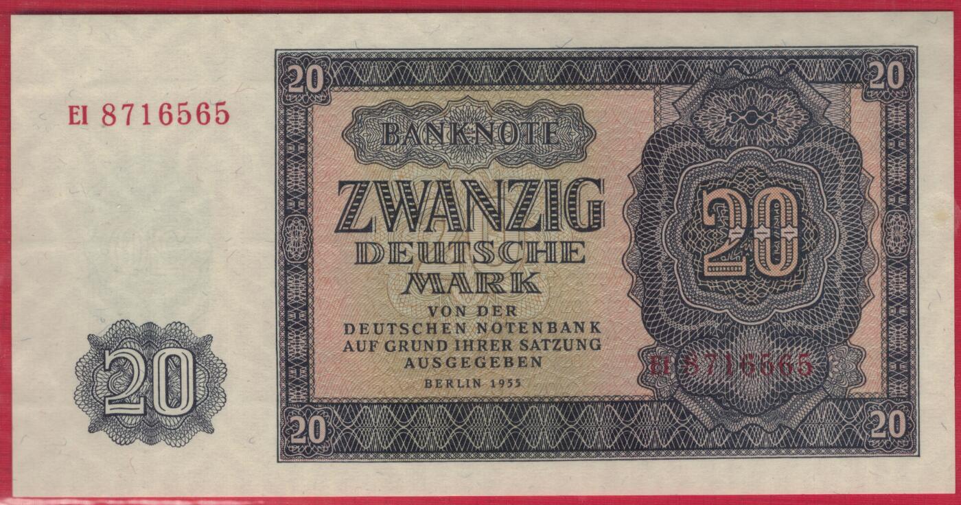 德国(民主德国 东德)1955年20马克 P-19a 无4 实物图 UNC