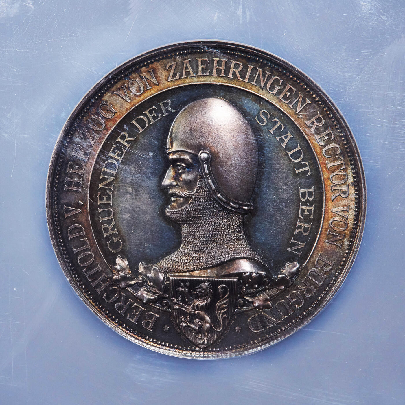 【俄甄集藏】2025年(044)11-12星期三晚 19:30 全场包邮 瑞士1891年纪念伯尔尼建城700周年大型银章，NGC MS63，高浮雕，五彩酱彩老包浆，底板凝霜，名誉品种，味道极佳，直径50mm