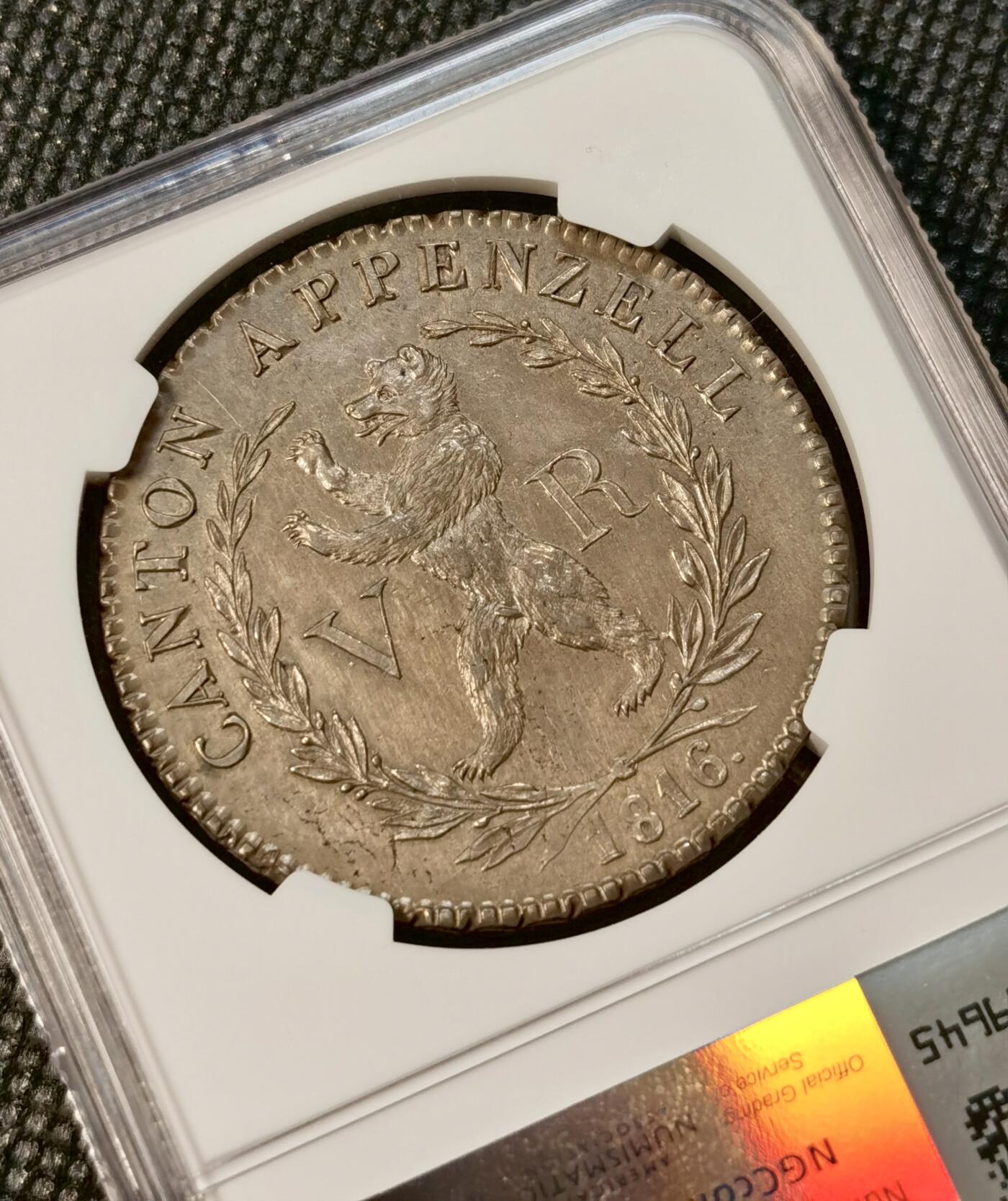 甄臻铺-世界币章拍卖（第38期）立冬小精品场，送拍享返佣金等优惠多多 NGC-UNCD 瑞士1816年阿彭策尔州雇佣兵银币，面值4法郎，发行量仅1850枚，属于瑞士雇佣兵银币系列中的稀缺品种梯队