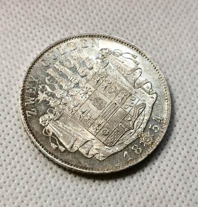 甄臻铺-世界币章拍卖（第38期）立冬小精品场，送拍享返佣金等优惠多多 德国 1854 萨克森-梅宁根 伯恩哈德二世 2盾 稀少品种 转光包浆都很不错 品相同样难得