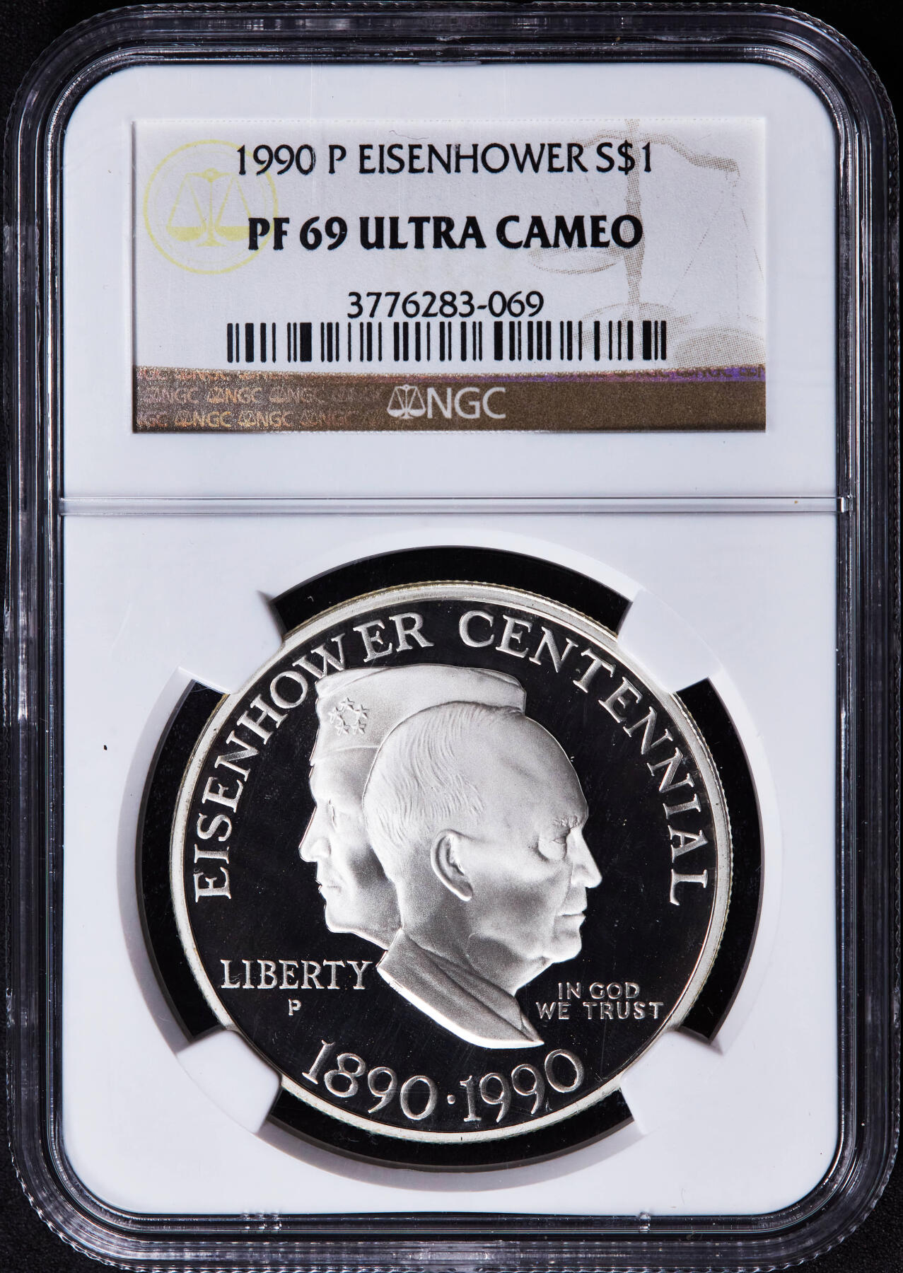 【俄甄集藏】2025年(044)11-12星期三晚 19:30 全场包邮 美国1990年纪念艾森豪威尔诞辰100周年1元精制大银币，NGC PF69UC，重26.73克，90%银，发行量1144461枚，费城造币厂铸造