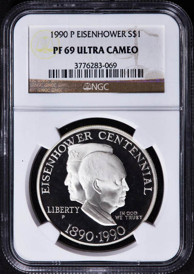 【俄甄集藏】2025年(044)11-12星期三晚 19:30 全场包邮 - 美国1990年纪念艾森豪威尔诞辰100周年1元精制大银币，NGC PF69UC，重26.73克，90%银，发行量1144461枚，费城造币厂铸造