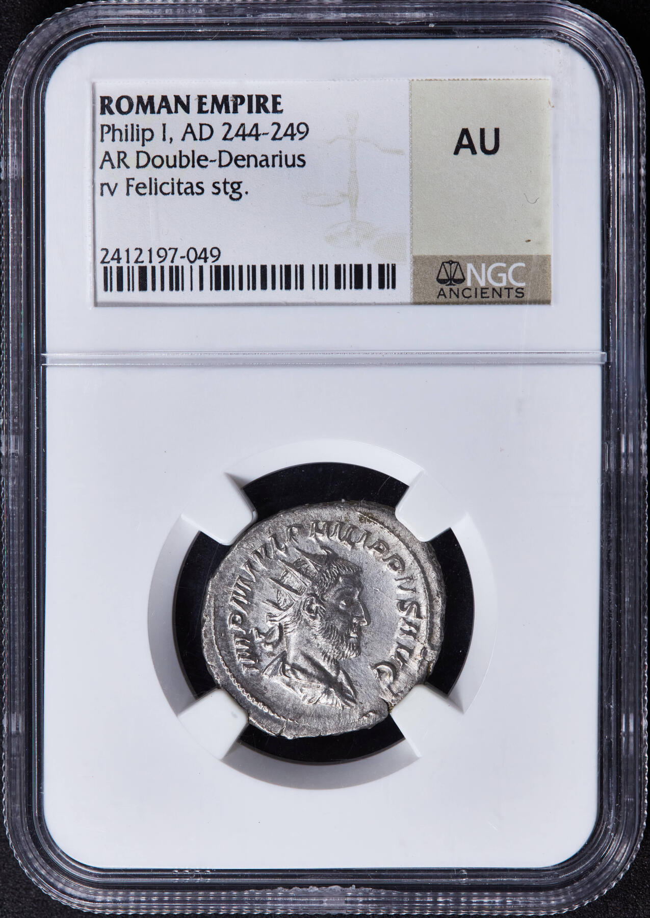 【俄甄集藏】2025年(044)11-12星期三晚 19:30 全场包邮 古罗马帝国公元247年菲利普一世双第纳尔幸运女神双蛇杖银币，NGC AU，安条克造币厂打制，正面皇帝菲利普一世戴芒冠头像，币文“最高统帅，菲利普·奥古斯都”，背面幸运女神费里希塔丝手持双蛇杖与丰饶角，原光品相，打制犀利，老盒严评